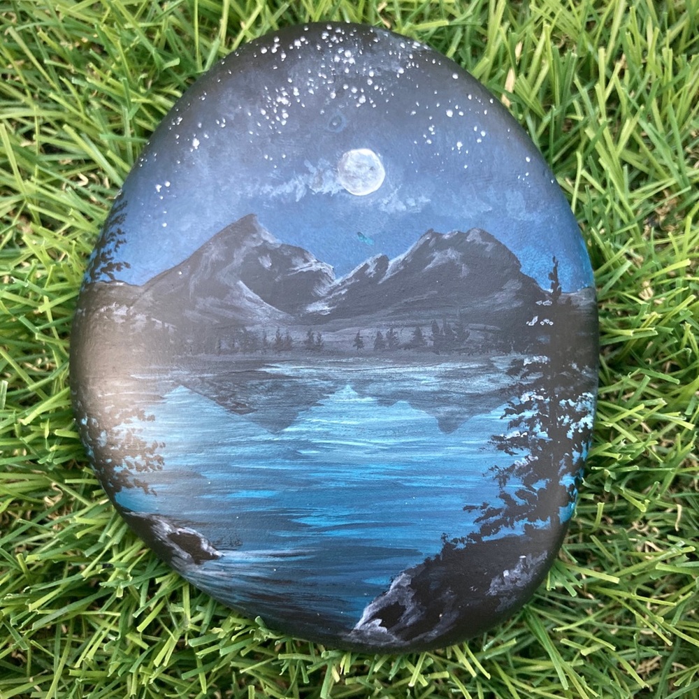 Night Sky Mountain Lake Hand Painted River Rock 4”